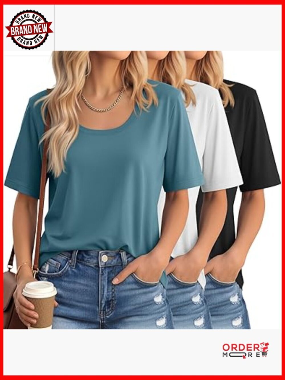3 Pack Scoop Neck Half Sleeve T-Shirts for Women, Casual Loose Basic Tees